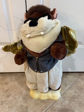 VTG 90s Warner Bros Looney Tunes Taz Biker Christmas Animated Plush 18" UNTESTED